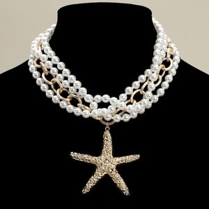 2PCS - Textured Metal Starfish Pendant Pearl Beaded Layered Necklaces
